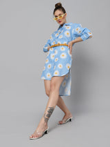 Sea & Mast - Regular Fit Floral Linen Shirt Kurti, Collared Button Closure Knee Length, Skyblue, Plus Size