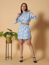 Sea & Mast - Regular Fit Floral Linen Shirt Kurti, Collared Button Closure Knee Length, Skyblue, Plus Size