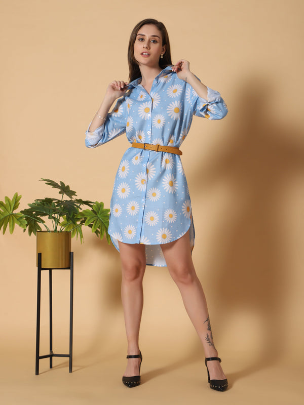 Sea & Mast - Regular Fit Floral Linen Shirt Kurti, Collared Button Closure Knee Length, Skyblue, Plus Size