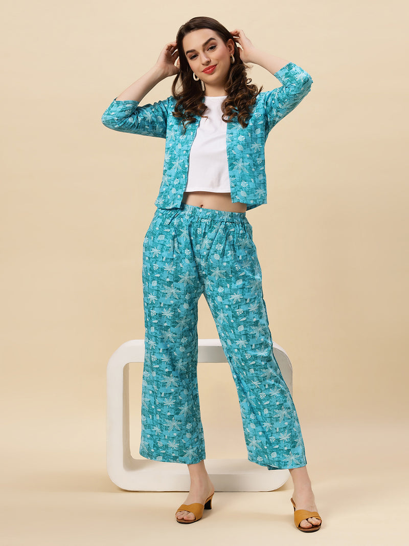 Sea & Mast - Stretchable Khadi Printed Cotton Co-ords, Slip On with attached Shrug, Waist Length With Elasticated Waist Pant, Sky Blue