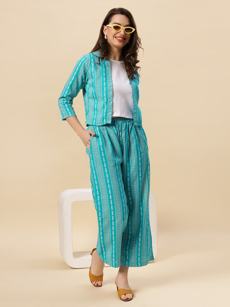 Sea & Mast - Stretchable Khadi Printed Cotton Co-ords, Slip On with attached Shrug, Waist Length With Elasticated Waist Pant, Gem Blue, Plus Size