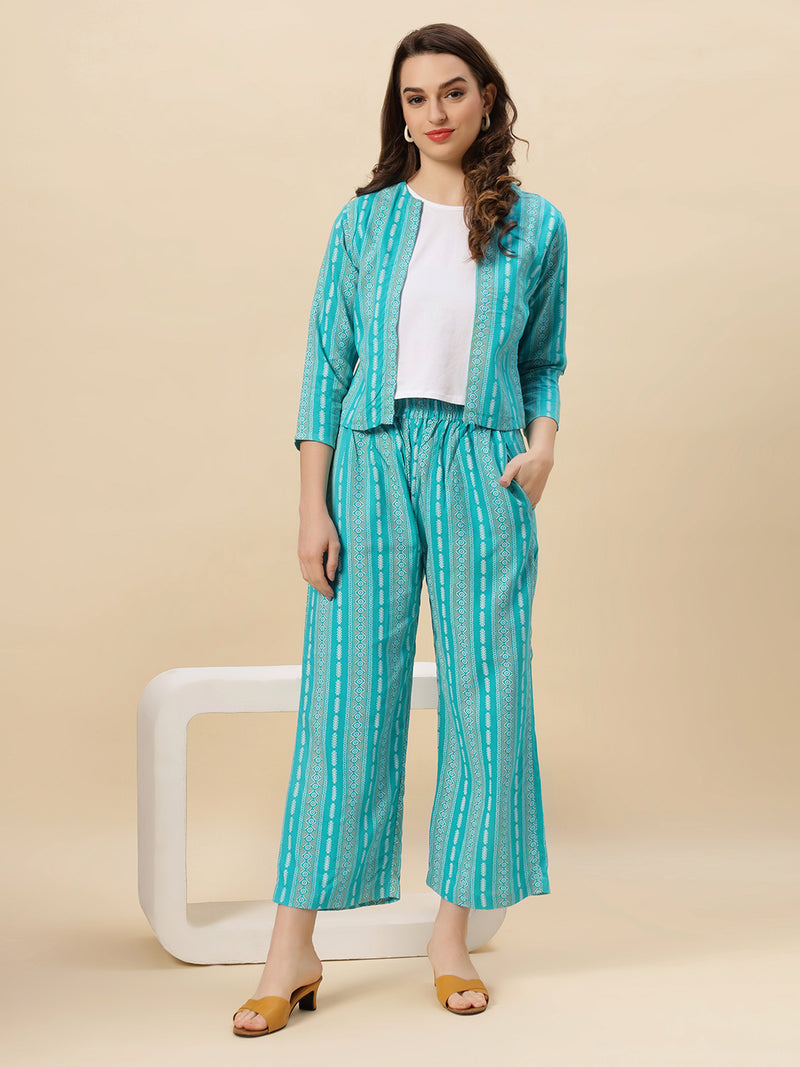 Sea & Mast - Stretchable Khadi Printed Cotton Co-ords, Slip On with attached Shrug, Waist Length With Elasticated Waist Pant, Gem Blue