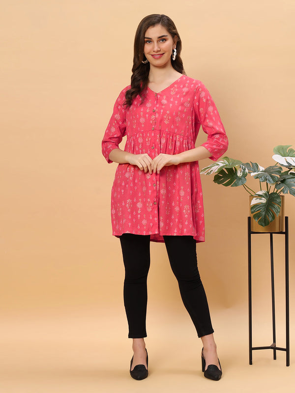 Sea & Mast - Regular Fit Foil Print Poly Cotton Short Kurti, Slip On, Waist Length, Light Red, Plus Size