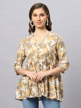 Sea & Mast - Regular Fit Leaf Print Poly Short Kurti, Slip On, Waist Length, Light Yellow, Custom