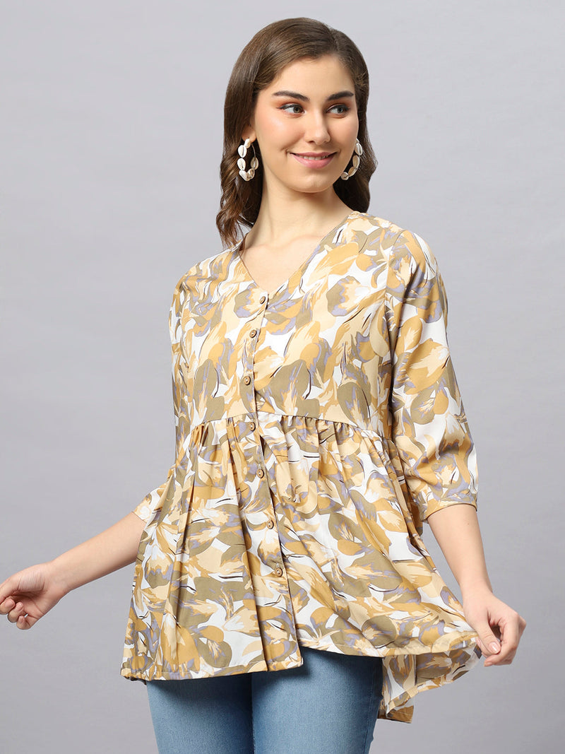 Sea & Mast - Regular Fit Leaf Print Poly Short Kurti, Slip On, Waist Length, Light Yellow, Custom