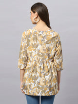 Sea & Mast - Regular Fit Leaf Print Poly Short Kurti, Slip On, Waist Length, Light Yellow, Plus Size