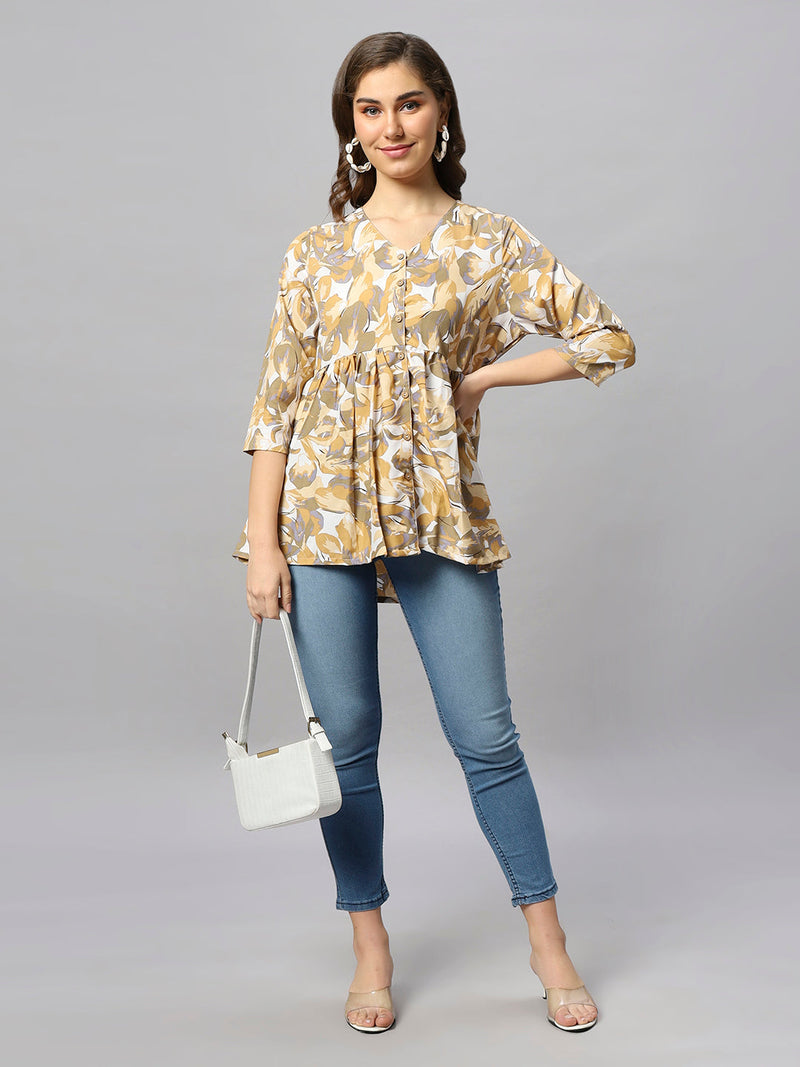 Sea & Mast - Regular Fit Leaf Print Poly Short Kurti, Slip On, Waist Length, Light Yellow, Plus Size