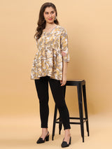 Sea & Mast - Regular Fit Leaf Print Poly Short Kurti, Slip On, Waist Length, Light Yellow, Plus Size