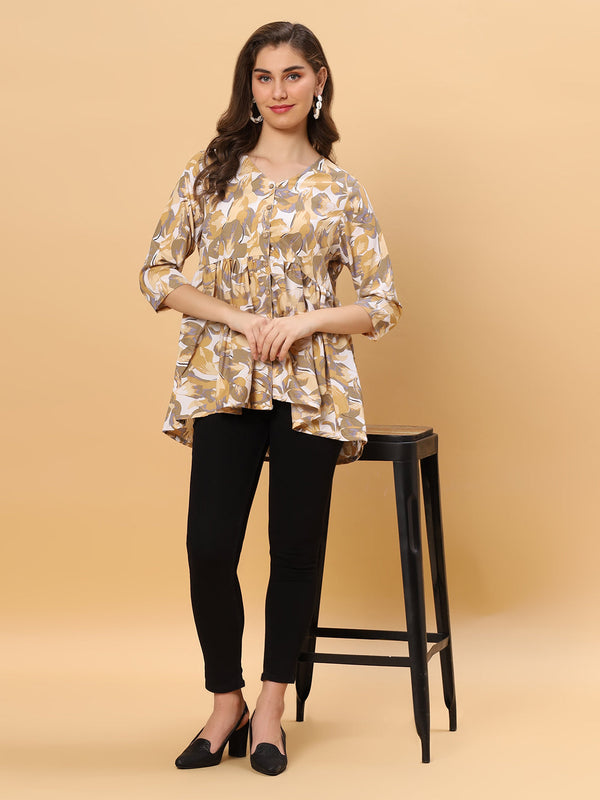 Sea & Mast - Regular Fit Leaf Print Poly Short Kurti, Slip On, Waist Length, Light Yellow, Plus Size