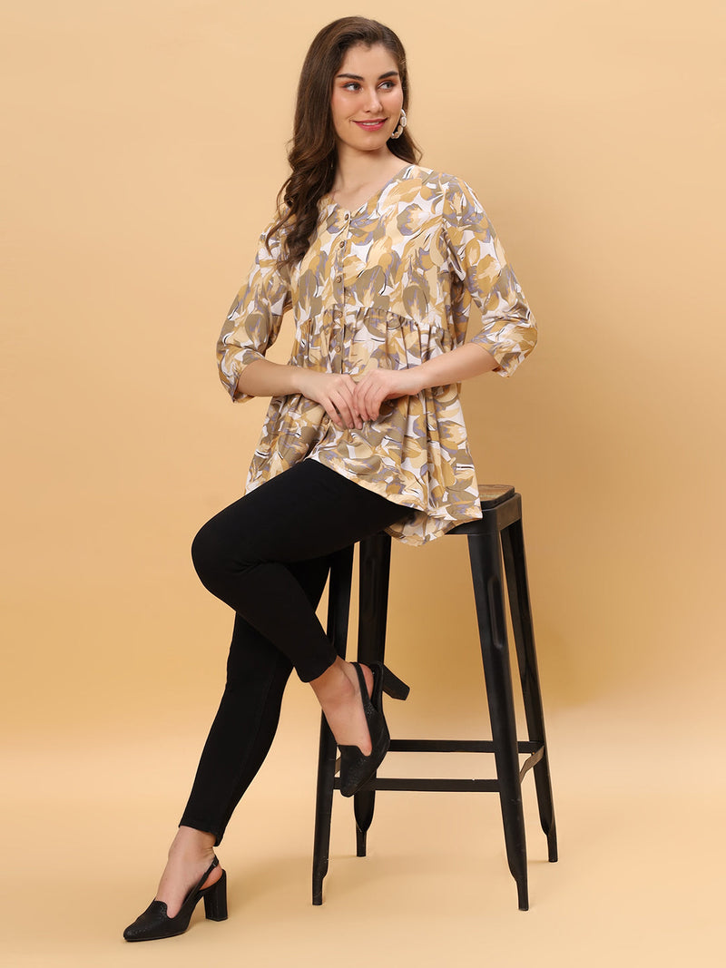 Sea & Mast - Regular Fit Leaf Print Poly Short Kurti, Slip On, Waist Length, Light Yellow, Plus Size