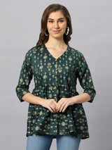 Sea & Mast - Regular Fit Foil Print Poly Cotton Short Kurti, Slip On, Waist Length, Dark Green Olive, Plus Size