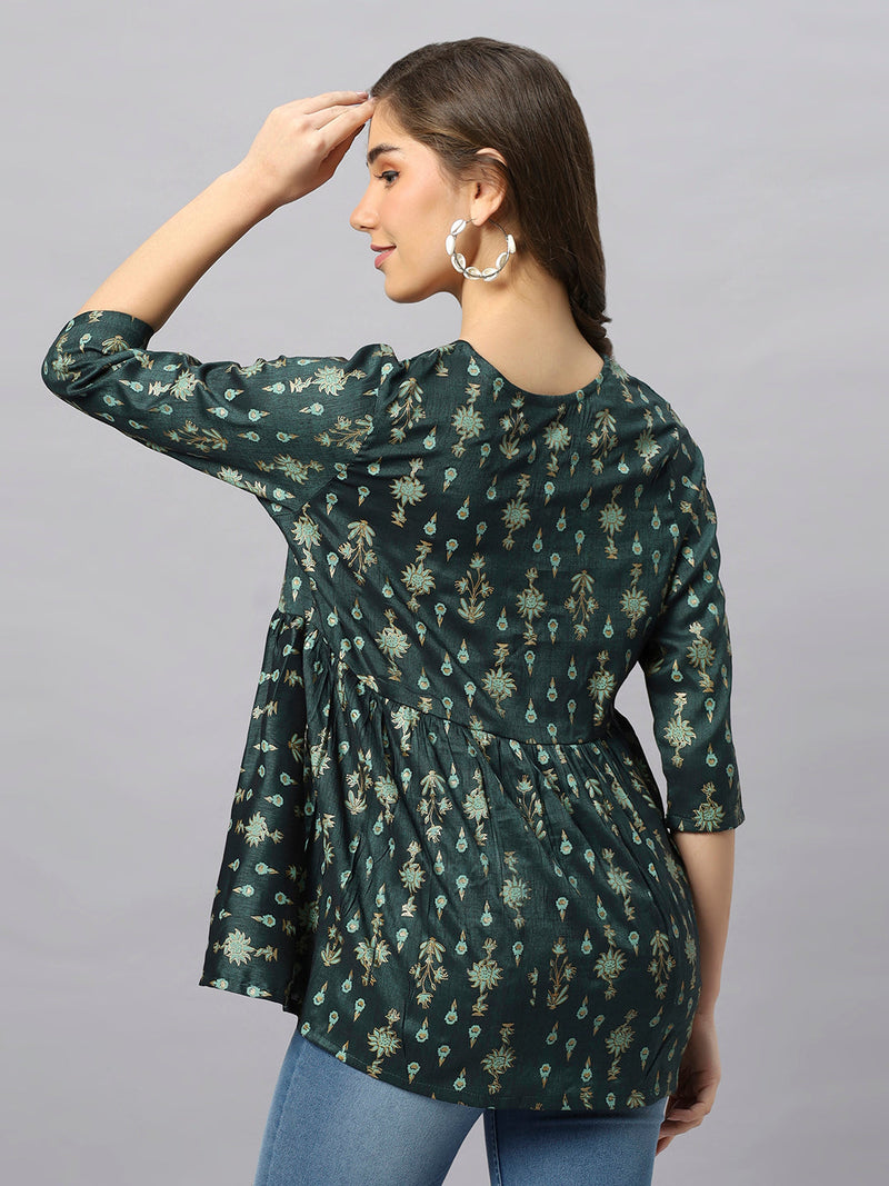 Sea & Mast - Regular Fit Foil Print Poly Cotton Short Kurti, Slip On, Waist Length, Dark Green Olive, Custom