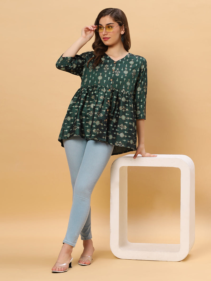 Sea & Mast - Regular Fit Foil Print Poly Cotton Short Kurti, Slip On, Waist Length, Dark Green Olive, Plus Size