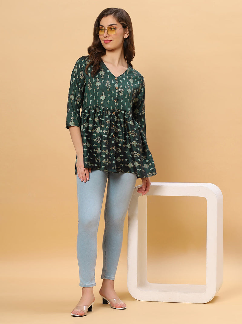 Sea & Mast - Regular Fit Foil Print Poly Cotton Short Kurti, Slip On, Waist Length, Dark Green Olive, Plus Size