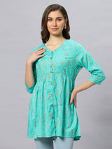 Sea & Mast - Regular Fit Foil Print Poly Cotton Short Kurti, Slip On, Waist Length, Light Green, Plus Size