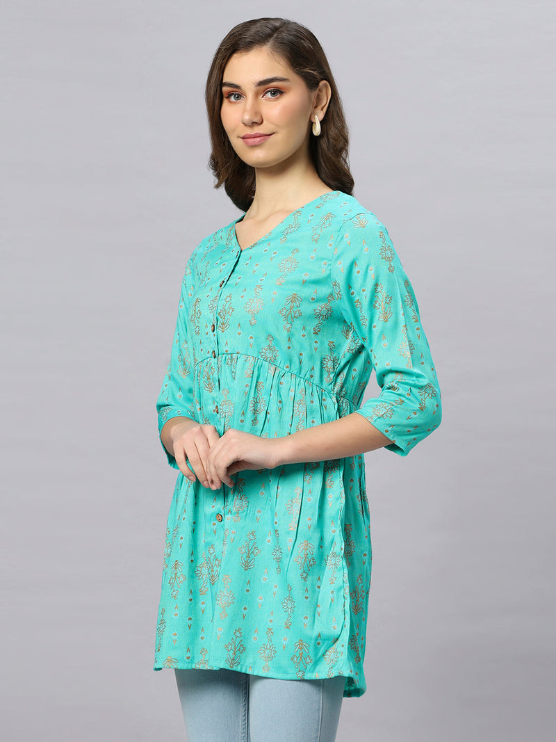 Sea & Mast - Regular Fit Foil Print Poly Cotton Short Kurti, Slip On, Waist Length, Light Green, Custom