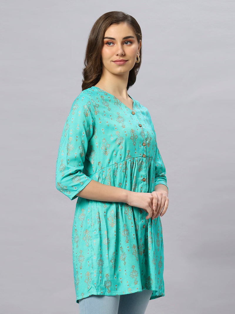 Sea & Mast - Regular Fit Foil Print Poly Cotton Short Kurti, Slip On, Waist Length, Light Green, Custom