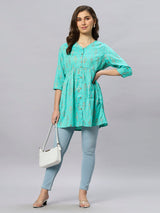 Sea & Mast - Regular Fit Foil Print Poly Cotton Short Kurti, Slip On, Waist Length, Light Green, Custom