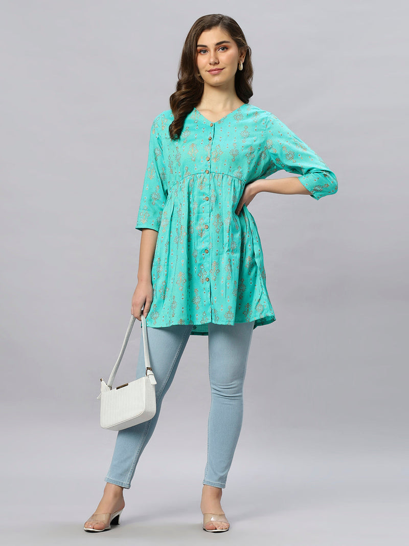 Sea & Mast - Regular Fit Foil Print Poly Cotton Short Kurti, Slip On, Waist Length, Light Green, Plus Size