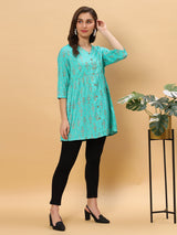 Sea & Mast - Regular Fit Foil Print Poly Cotton Short Kurti, Slip On, Waist Length, Light Green, Plus Size