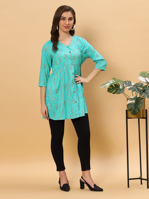 Sea & Mast - Regular Fit Foil Print Poly Cotton Short Kurti, Slip On, Waist Length, Light Green, Plus Size