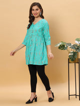 Sea & Mast - Regular Fit Foil Print Poly Cotton Short Kurti, Slip On, Waist Length, Light Green, Plus Size