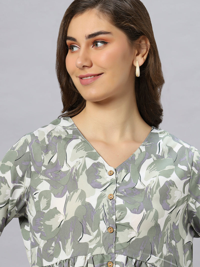 Sea & Mast - Regular Fit Leaf Print Poly Short Kurti, Slip On, Waist Length, Light Green, Plus Size