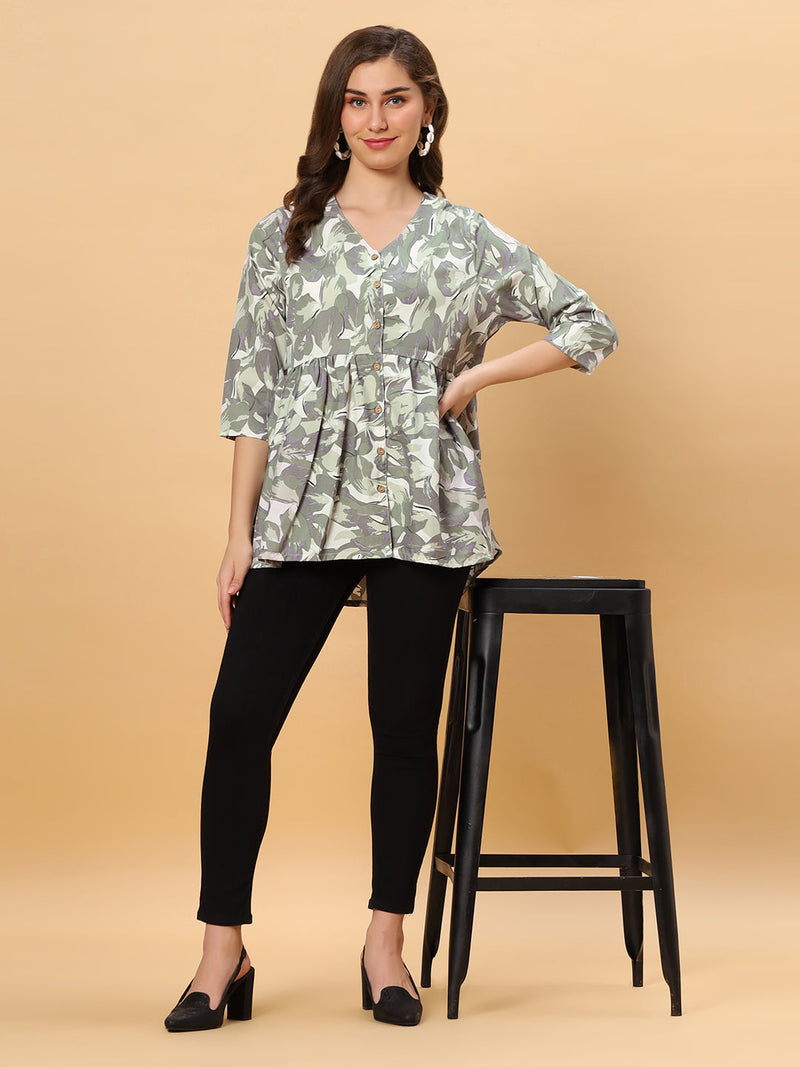 Sea & Mast - Regular Fit Leaf Print Poly Short Kurti, Slip On, Waist Length, Light Green, Plus Size