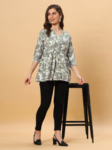 Sea & Mast - Regular Fit Leaf Print Poly Short Kurti, Slip On, Waist Length, Light Green, Plus Size