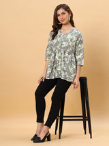 Sea & Mast - Regular Fit Leaf Print Poly Short Kurti, Slip On, Waist Length, Light Green, Plus Size