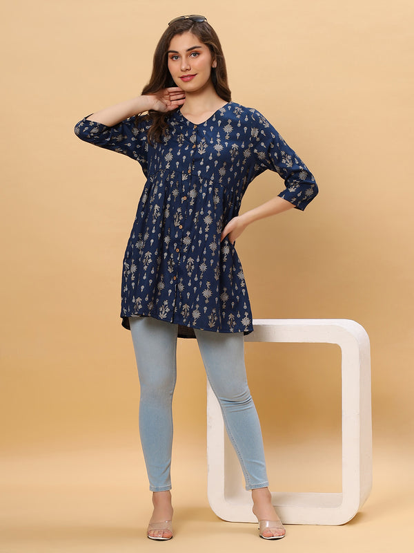 Sea & Mast - Regular Fit Foil Print Poly Cotton Short Kurti, Slip On, Waist Length, Dark Blue Navy