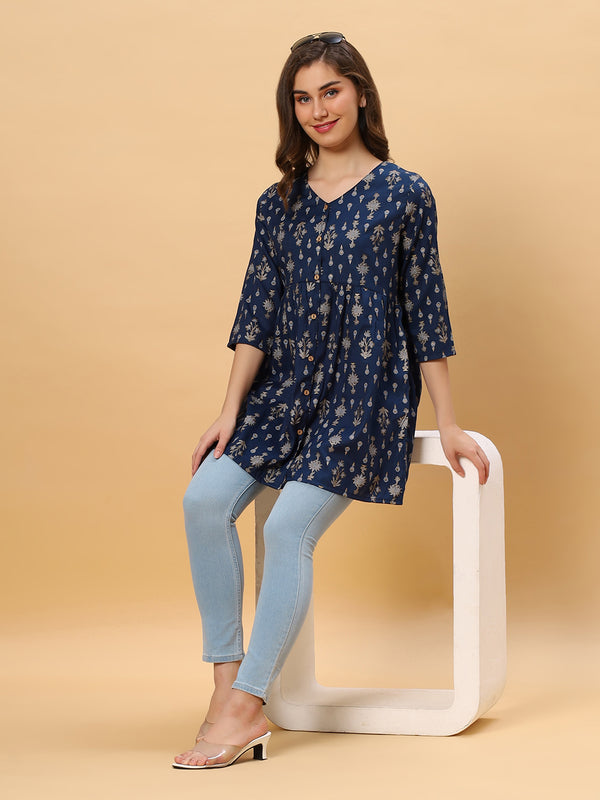 Sea & Mast - Regular Fit Foil Print Poly Cotton Short Kurti, Slip On, Waist Length, Dark Blue Navy