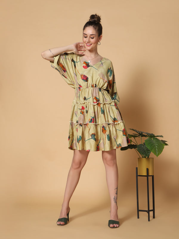 Sea & Mast - Relaxed Fit Floral Rayon Flare Dress, V- Neck Elasticated Mid Thigh Length, Yellow