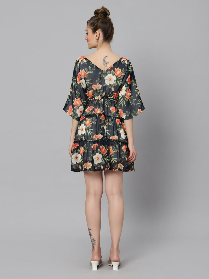 Sea & Mast - Relaxed Fit Floral Georgette Flare Dress, V- Neck Elasticated Mid Thigh Length, Black