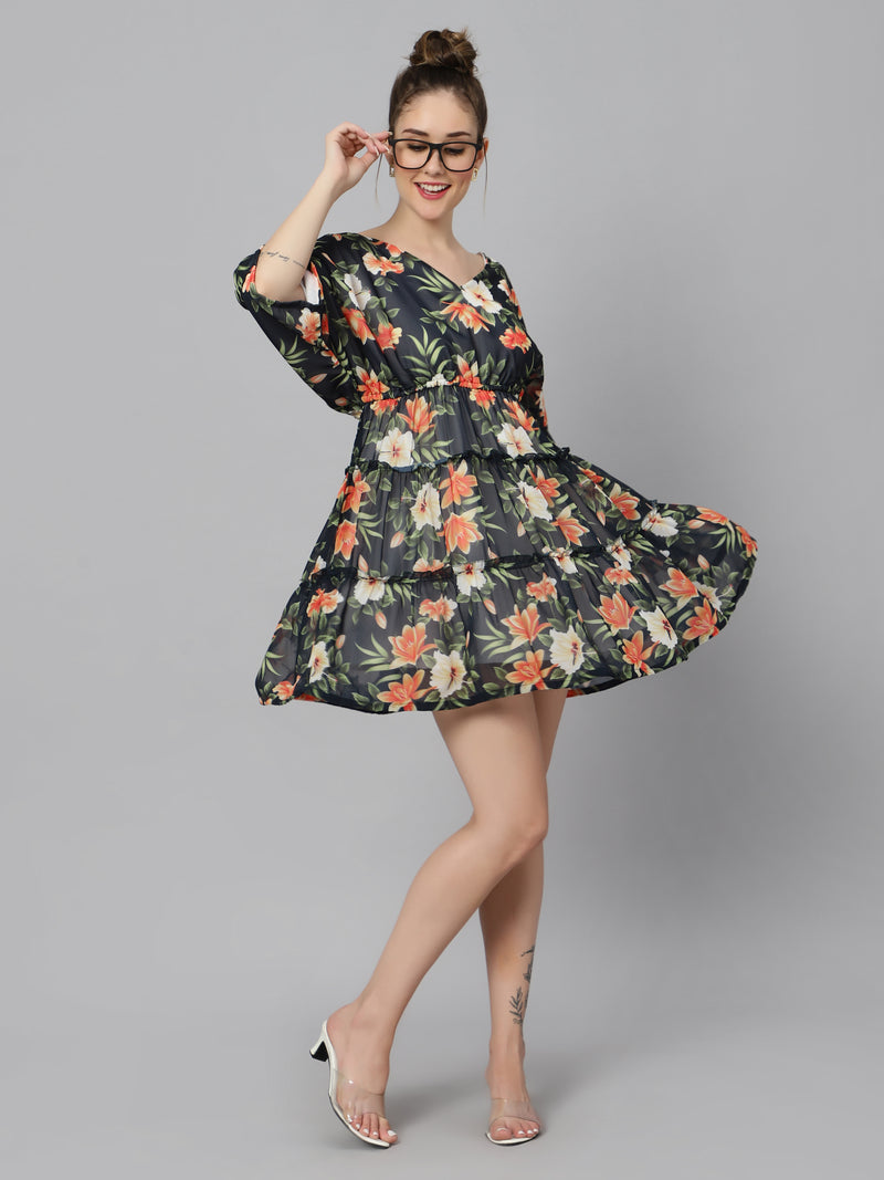 Sea & Mast - Relaxed Fit Floral Georgette Flare Dress, V- Neck Elasticated Mid Thigh Length, Black