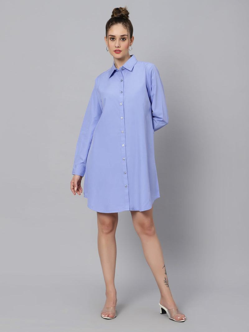 Sea & Mast - Regular Fit Solid Cotton Blend Shirt Kurti, Collared Button Closure Knee Length, Blue, Custom