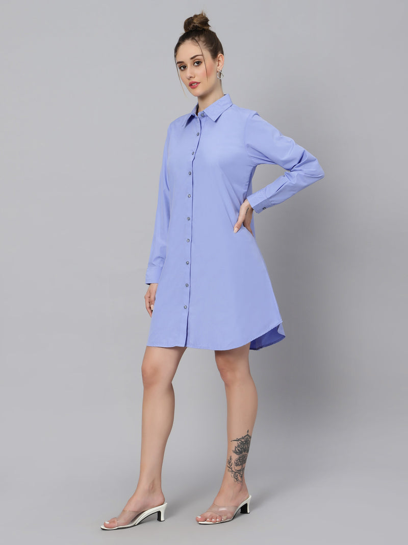 Sea & Mast - Regular Fit Solid Cotton Blend Shirt Kurti, Collared Button Closure Knee Length, Blue, Plus Size