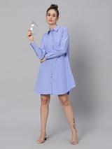 Sea & Mast - Regular Fit Solid Cotton Blend Shirt Kurti, Collared Button Closure Knee Length, Blue, Plus Size