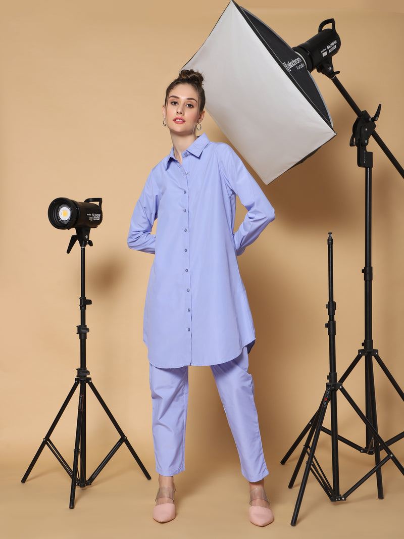 Sea & Mast - Regular Fit Solid Cotton Blend Shirt Kurti Set, Collared Button Closure Knee Length, Blue