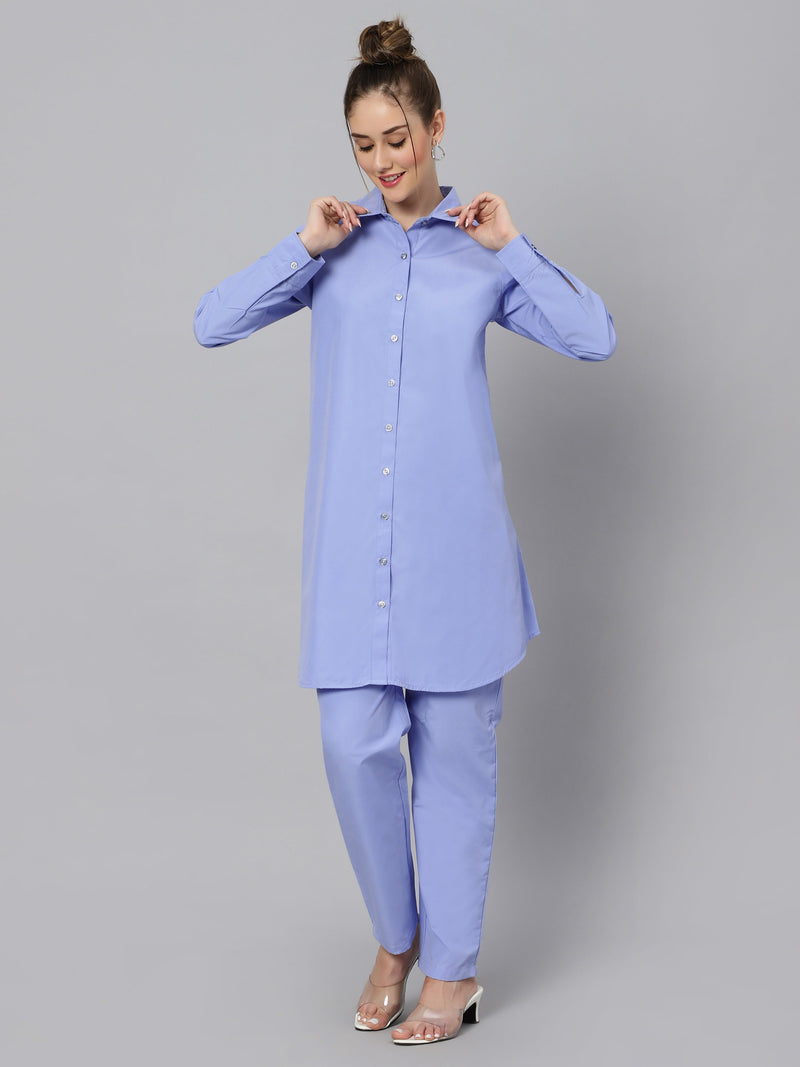 Sea & Mast - Regular Fit Solid Cotton Blend Shirt Kurti Set, Collared Button Closure Knee Length, Blue, Plus Size