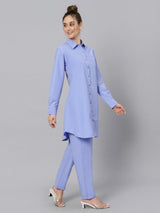 Sea & Mast - Regular Fit Solid Cotton Blend Shirt Kurti Set, Collared Button Closure Knee Length, Blue, Custom