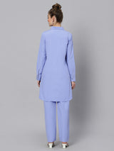 Sea & Mast - Regular Fit Solid Cotton Blend Shirt Kurti Set, Collared Button Closure Knee Length, Blue