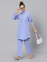 Sea & Mast - Regular Fit Solid Cotton Blend Shirt Kurti Set, Collared Button Closure Knee Length, Blue, Plus Size