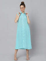 Sea & Mast - Relaxed Fit Solid Georgette Gown, Collared Button Closure Calf Length, Light Blue
