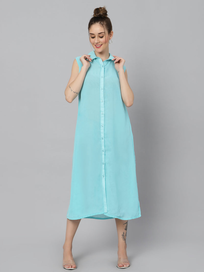 Sea & Mast - Relaxed Fit Solid Georgette Gown, Collared Button Closure Calf Length, Light Blue, Custom