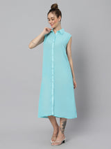 Sea & Mast - Relaxed Fit Solid Georgette Gown, Collared Button Closure Calf Length, Light Blue, Custom