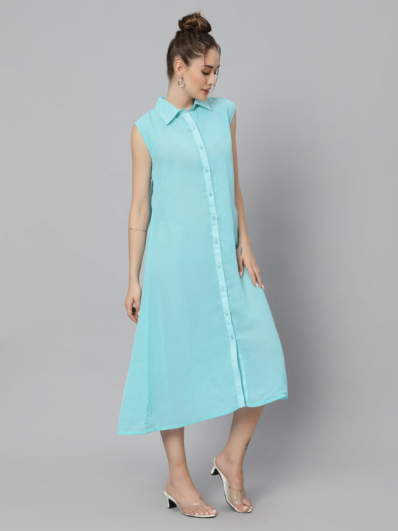 Sea & Mast - Relaxed Fit Solid Georgette Gown, Collared Button Closure Calf Length, Light Blue, Custom