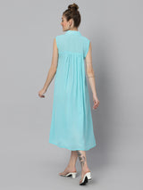 Sea & Mast - Relaxed Fit Solid Georgette Gown, Collared Button Closure Calf Length, Light Blue, Custom