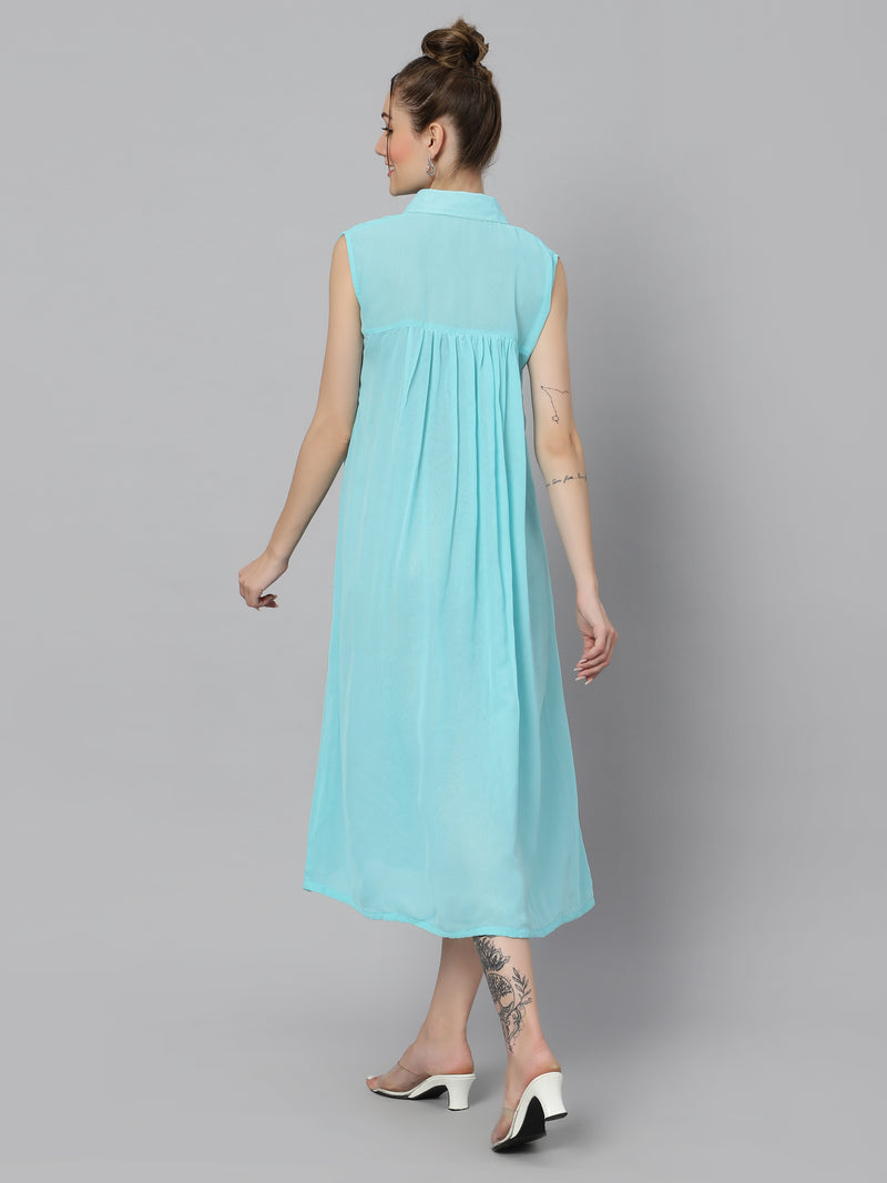 Sea & Mast - Relaxed Fit Solid Georgette Gown, Collared Button Closure Calf Length, Light Blue
