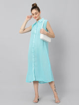 Sea & Mast - Relaxed Fit Solid Georgette Gown, Collared Button Closure Calf Length, Light Blue, Plus Size